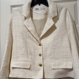 ZARA Cream Tweed Blazer with Gold Buttons